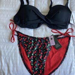 Lands' End Black top and Wild Fable Red Cherry 🍒 Bikini bottom,size 12-14 large