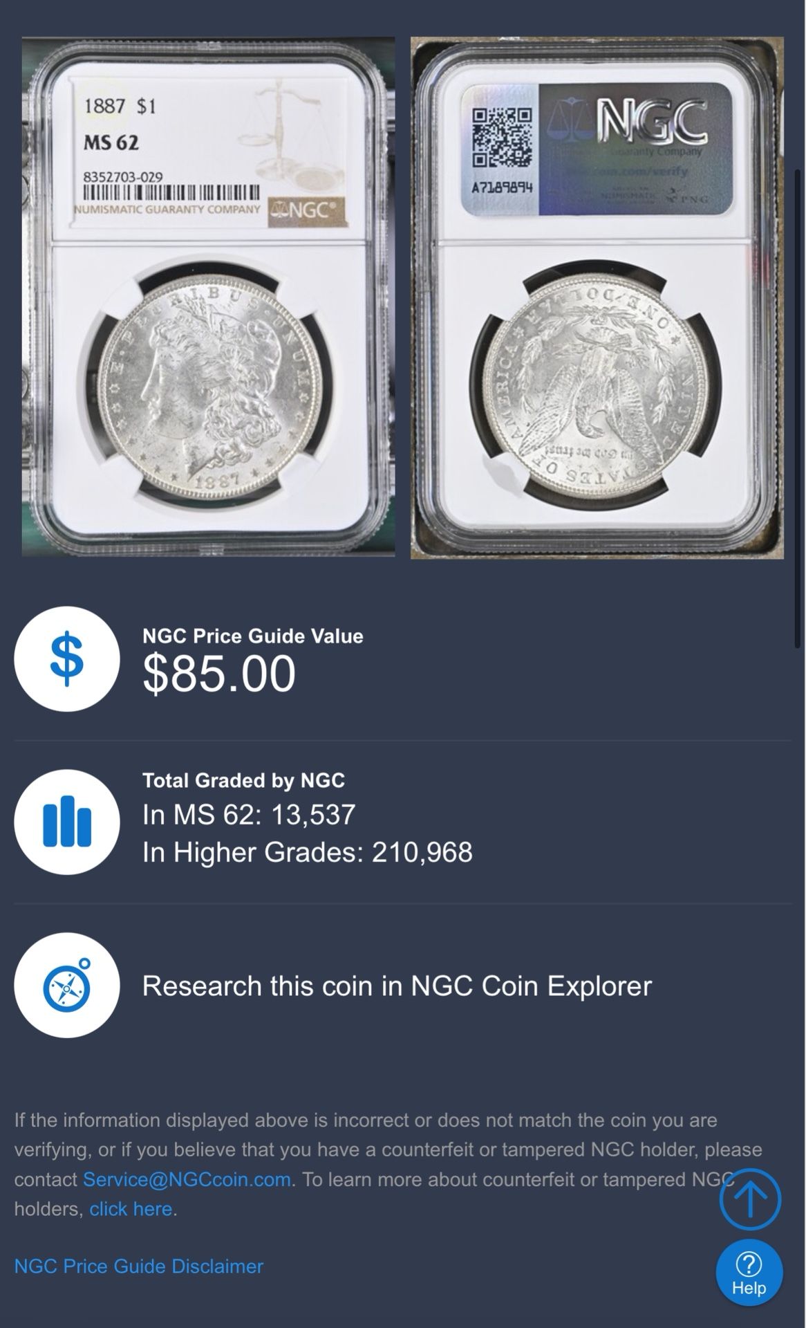 1887 Morgan Silver One Dollar $1 NGC MS62