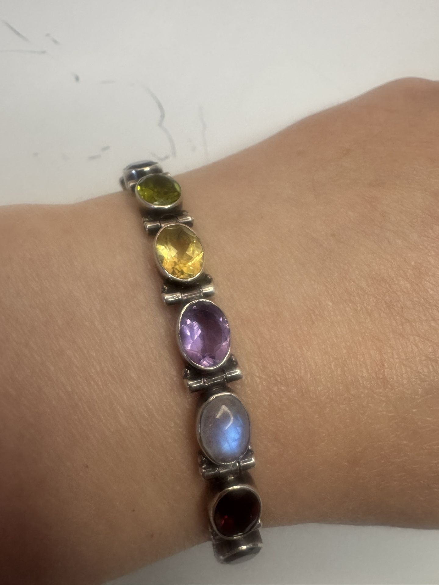 Vintage Sterling Silver Genuine Stones Link Bracelet 925