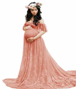 Sicily Women's Lace Off-Shoulder Long Maternity Dress Plus Photography (XL, Pink Carnation)