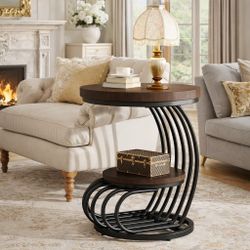 End Side Table: Side Table with 2 Tiers Storage Shelves, Vintage End Table for Living Room, Small Bedside Table Accent Table with Arc-Shaped Frame, Ru