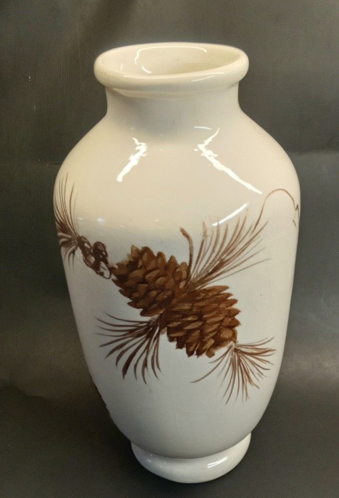 RARE VTG Art Pottery Vase Signed K Wetterberg Pine Cone White/Brown 1955-57