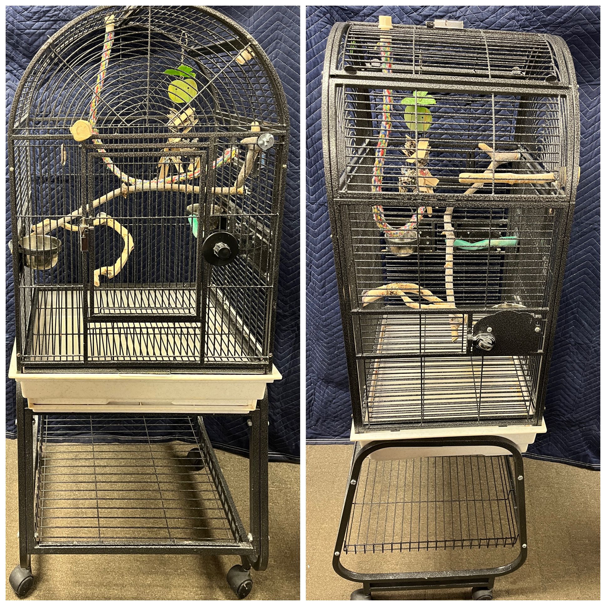 Large Bird Cage With Stand On Wheels. Includes Water Food Bowls, Branch Perches, Rope Perch 