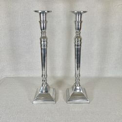 Pair Of Tall Metal Silver Toned Art Deco High End Candlestick Holders 