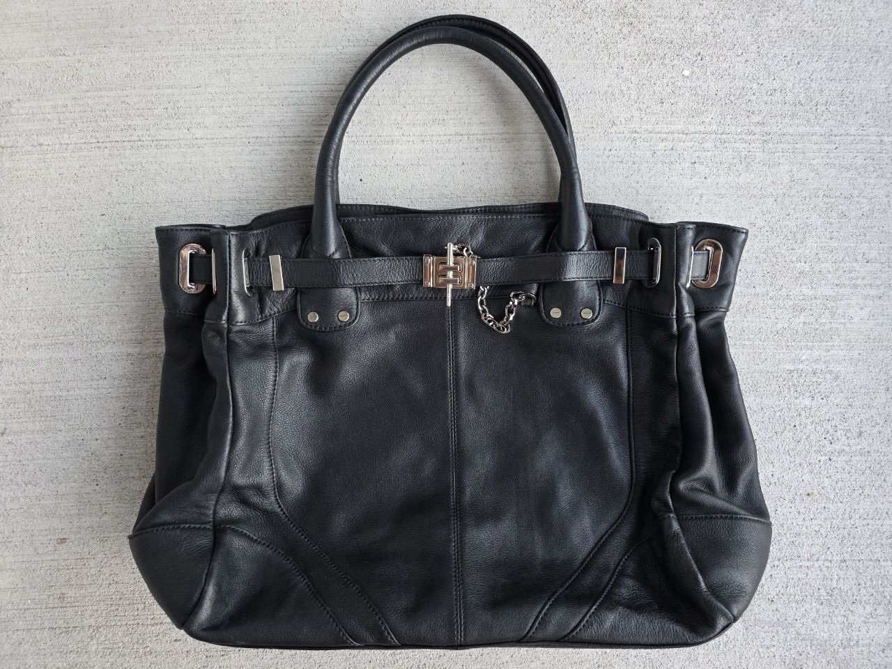 Rachel Zoe Black Genuine Leather Tote Bag Silver Hardware Chain Detail Large Shoulder Bag