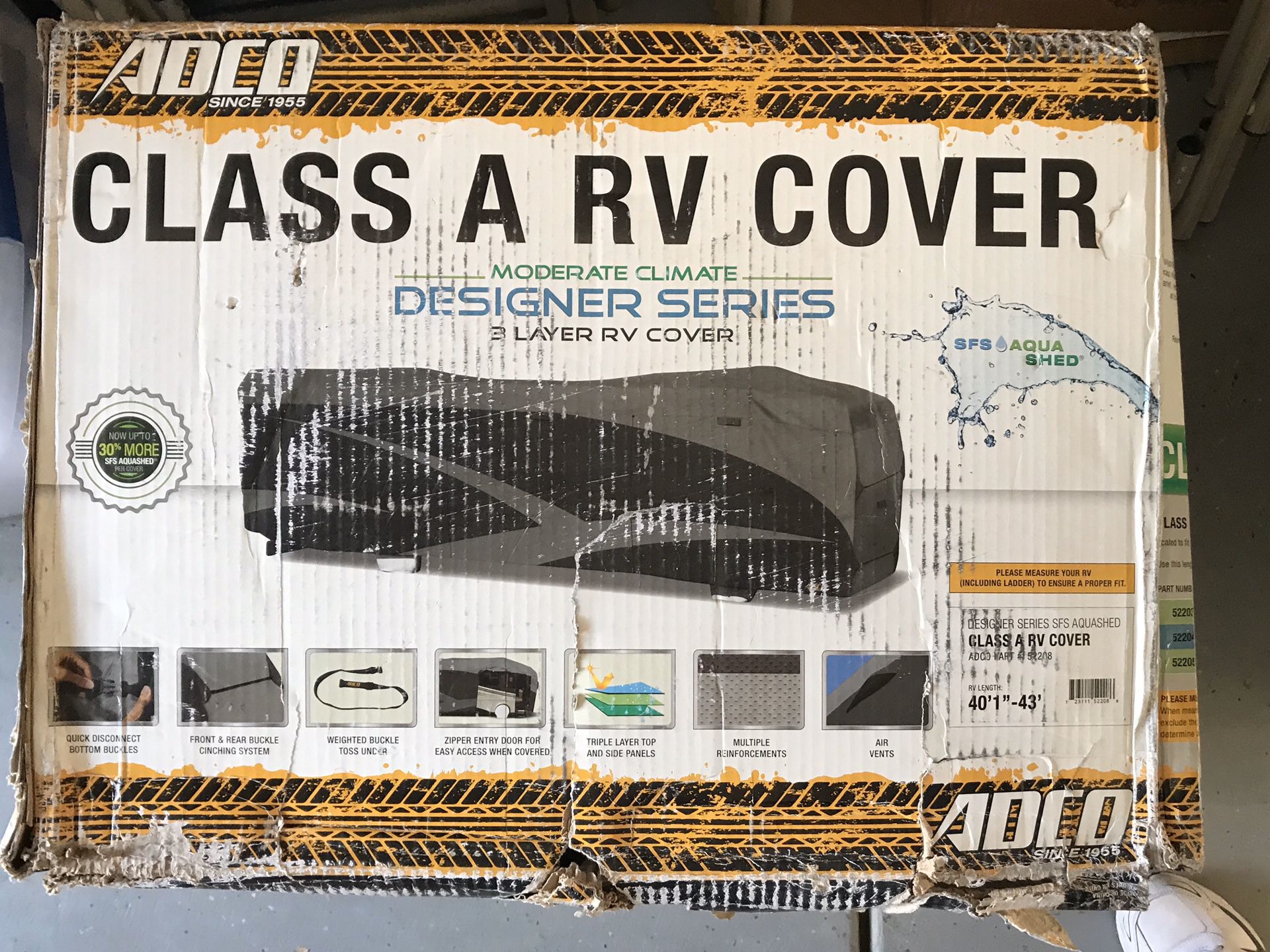 Class A RV cover for 40-1”-43” in length never been used and RV tire covers