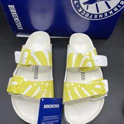 New Womens Size 8 And 9 Birkenstock Arizona BS Monstera White Lime Yellow Sour Narrow Fit