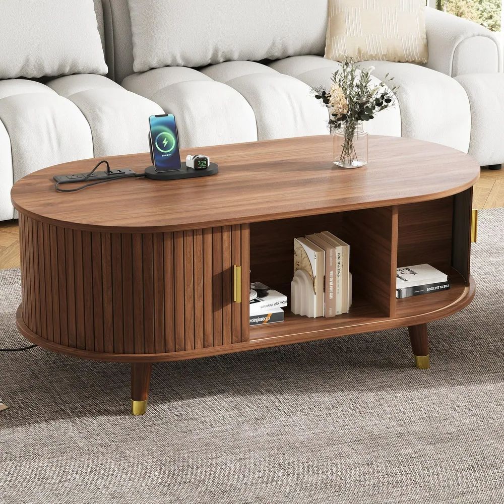 42" Walnut Oval Fluted Coffee Table w/ Charging Station & Hidden Storage [NEW] <Assembly Req>