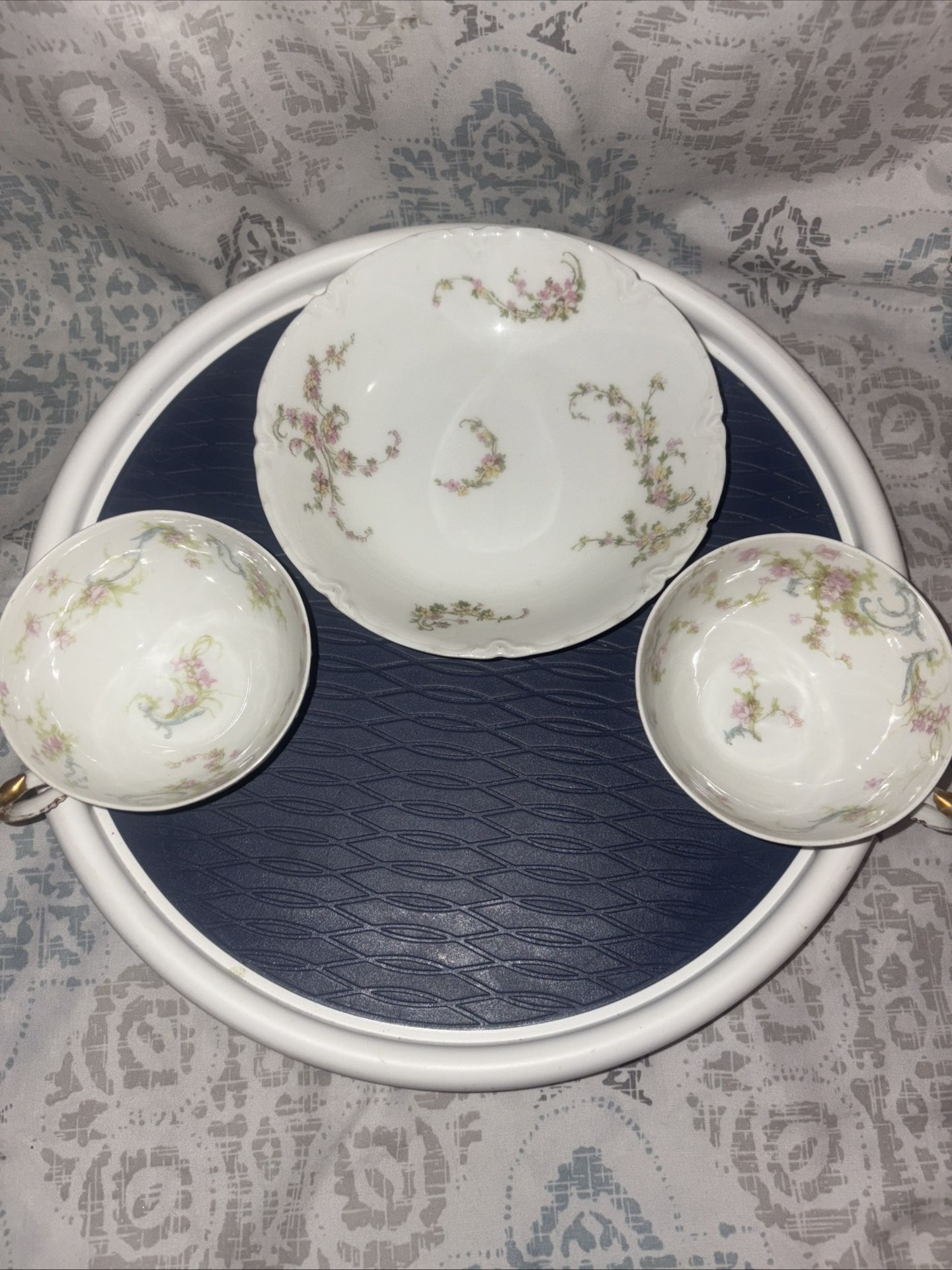 1903 Haviland Limoges France Antique Porcelain Cups & Saucer Pink Floral 