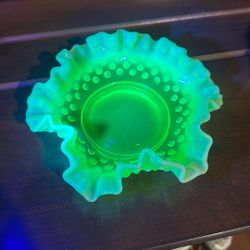 Uranium Glass Fenton Canary Vaseline with Custard Ruffle Candy Dish