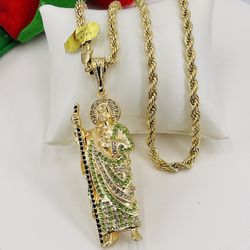 San Judas Tadeo y cadena de cuerda oró laminado 14k/San Judas Tadeo and rope chain gold plated 14k