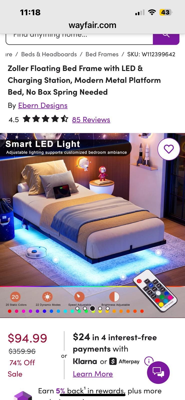 Twin Size Floating Bed frame With LED Lights And A Charging Station