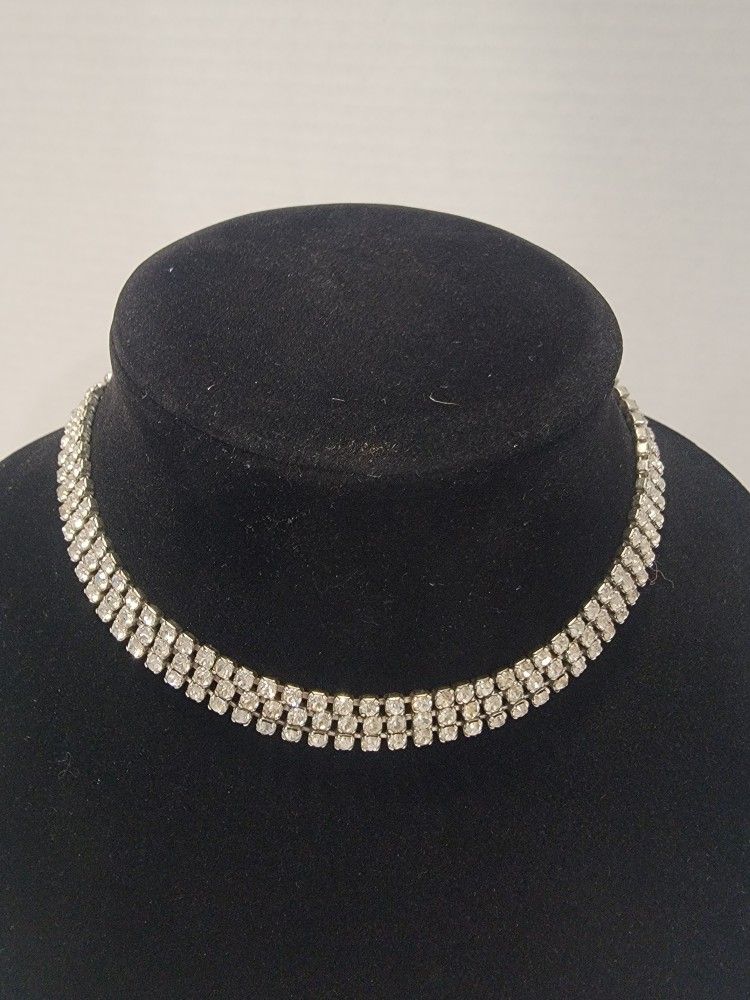 Silver Rhinestone Choker Chain Necklace 14 Inches Long