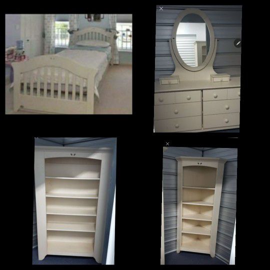 Five piece Bedroom set: Twin bed, trundle, bookshelf, Dresser with mirrow and corner  shelf