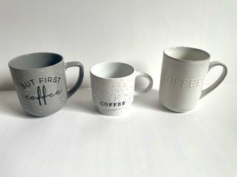 Lot Of 3 Coffee Cup Mugs “But First Coffee” Used