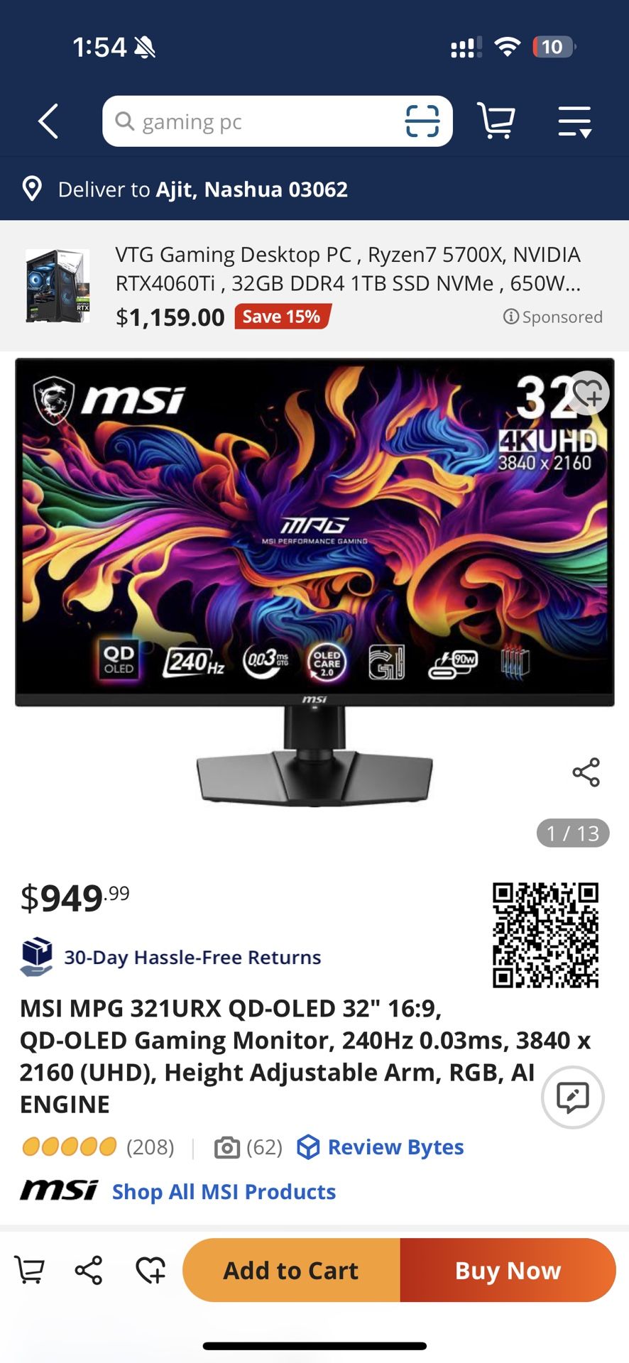 MSI MPG 321URX QD-OLED 32" 16:9, QD-OLED Gaming Monitor, 240Hz 0.03ms
