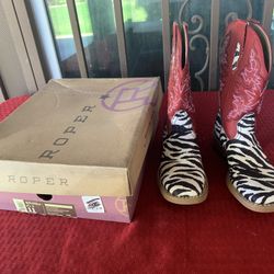 Roper Boots Youth girls 11 Sq Toe Zebra Glitter Vamp Black  & White/red