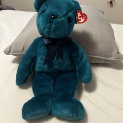 TY Beanie Buddy Teal Teddy Blue Ribbon Old Face 