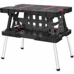 KETER 249137 Folding Workbench Portable Painted Tool Table with Integrated Handle 53 x 83 x 75.5 cm, Red-black