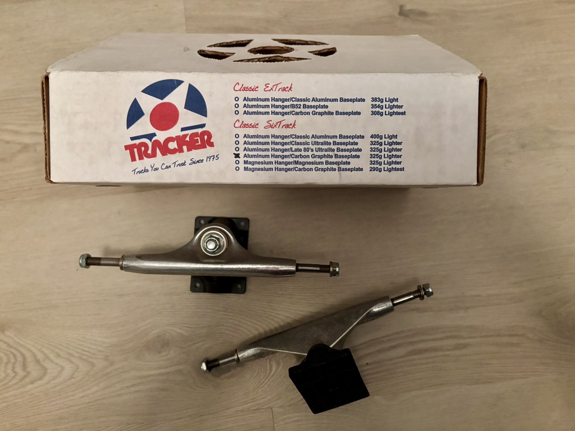 NOS Vintage 80s Tracker Sixtrack Ultralight Skateboard Trucks Ultralite- New in Factory Die-cut Box