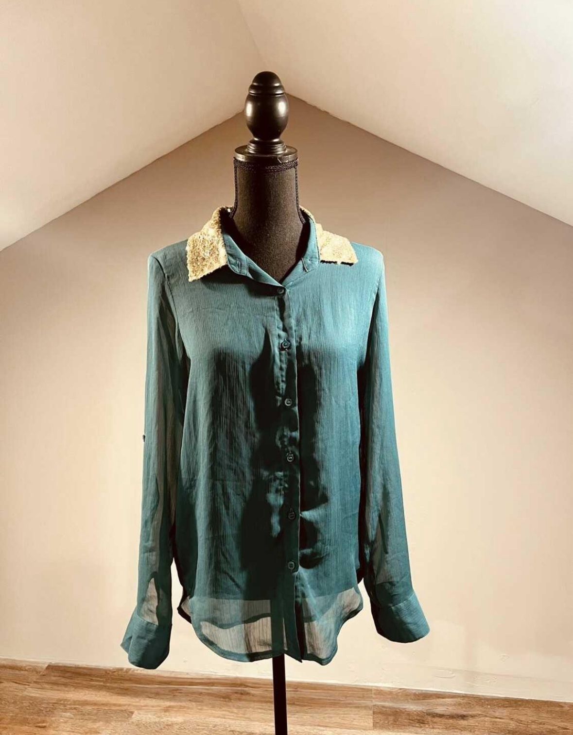 Small Green Button Up with Gold Sequin Collar