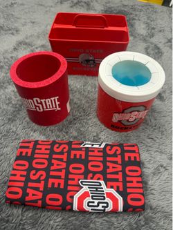 Ohio State Buckeyes Tailgate Set- Coozies, bottle sleeve and small plastic caddy.