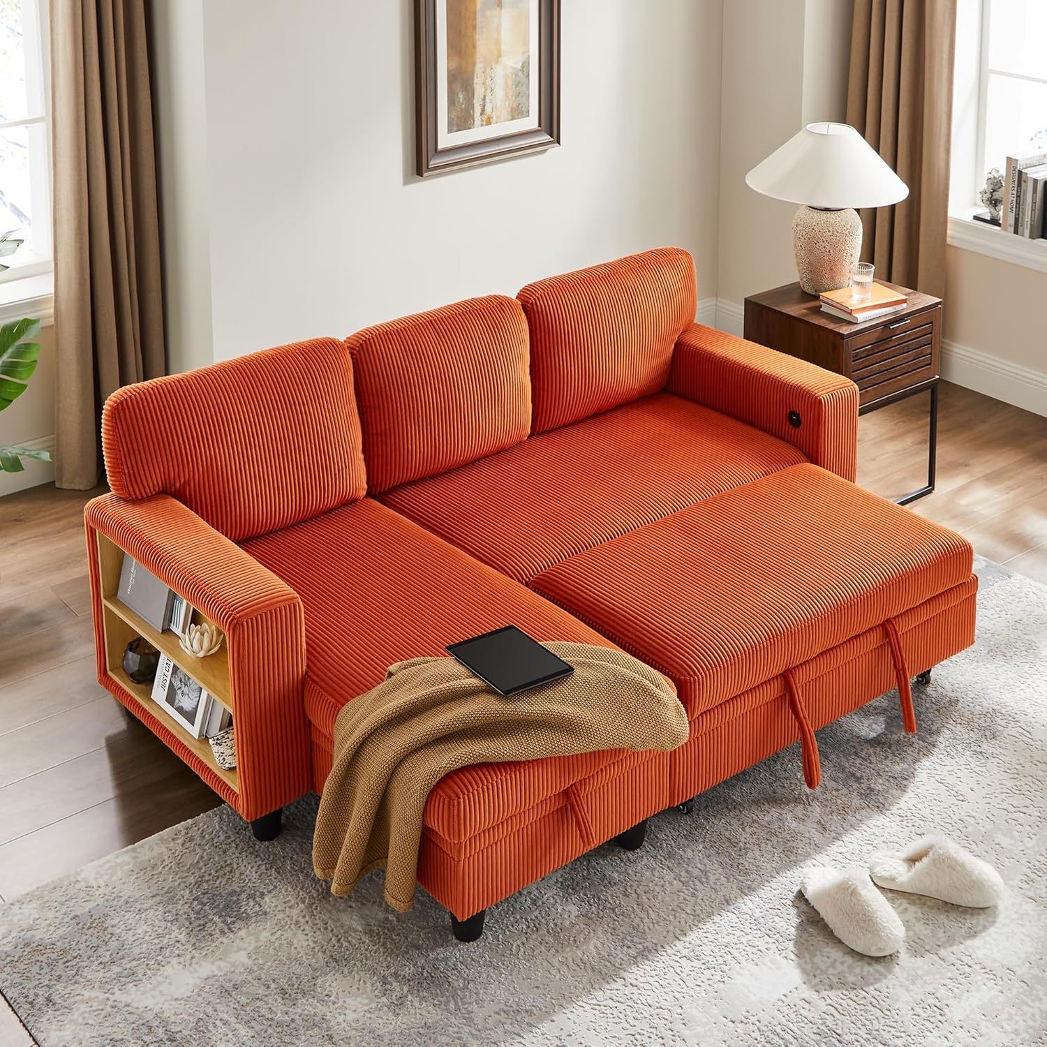 80” L-Shaped Sectional Couch with Storage Chaise,Built-in Bookshelves and USB Charging Ports - Caramel