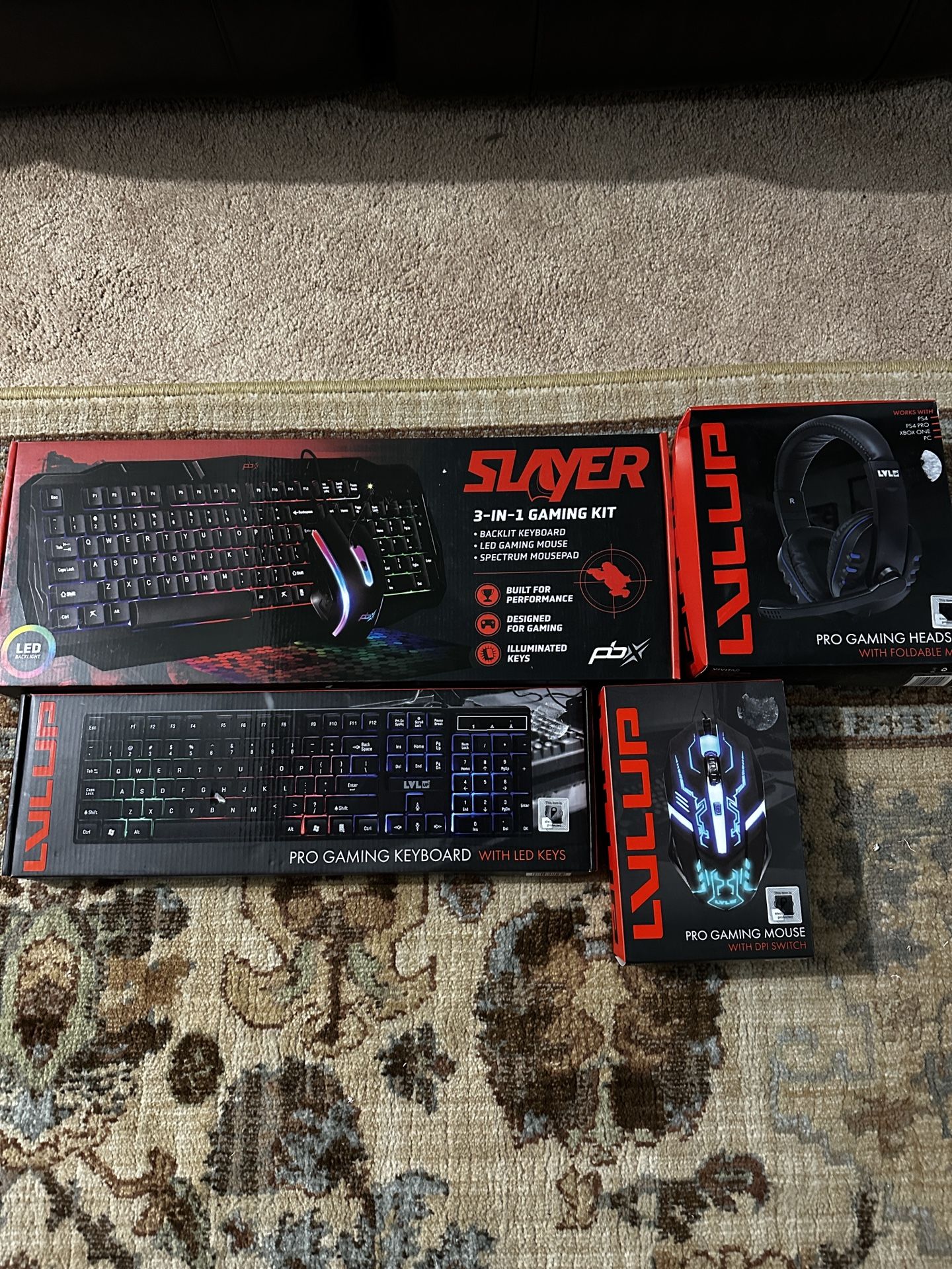 Gaming keyboard, mouse, headset