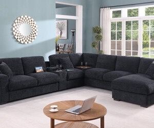 141.5"W Charcoal Chenille Fabric Corner Sectional Sofa with Right-Facing Chaise, Cupholders, and Charging Ports