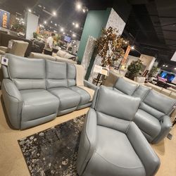 Sofa And Loveseat Power Recliners Pale Blue Top Grain Leather Match, Solid Wood, Others. Zero Gravity Power Recline Footrest And Headrest, New