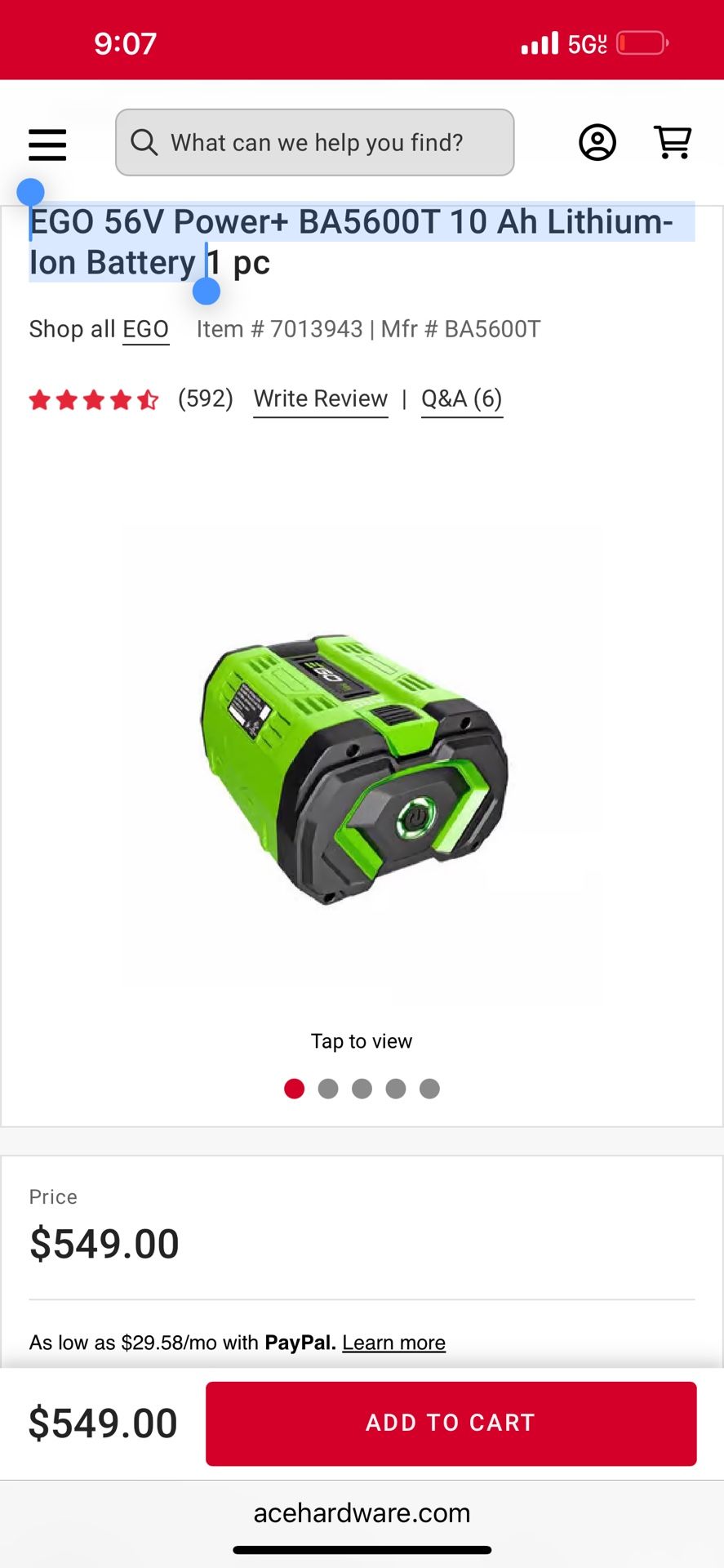 EGO 56V Power+ BA5600T 10 Ah Lithium-Ion Battery 