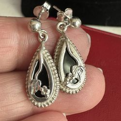 925 Sterling Silver Carolyn Pollack Black Onyx Dangle Earrings , Sterling Sports And Butterfly Backs, Hallmarked 