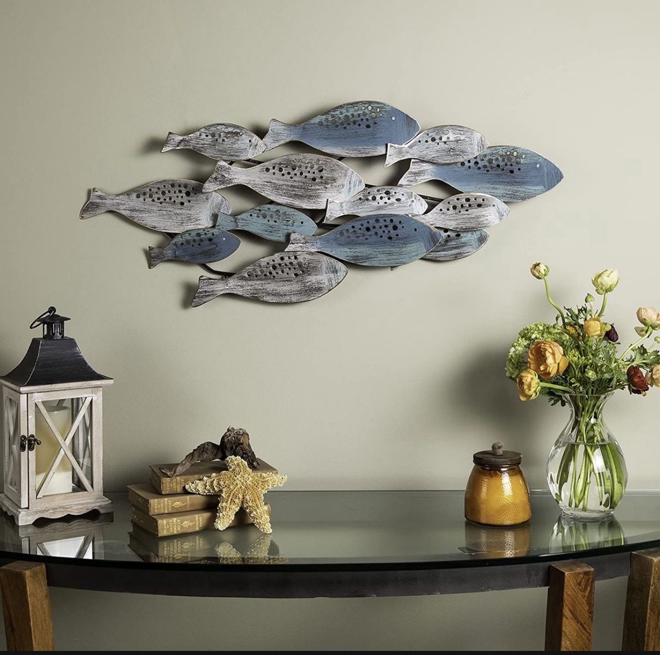 School of Fish Modern Metal Wall Art, Perfect for Coastal, Nautical, Beach, or Boat Decor, Collector, Vacation House, Blues and Silver Wall Art Brand