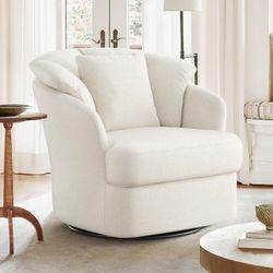 Oversized Beige Fabric Upholstered Swivel Accent Chair with Double Cushion Modern Swivel Barrel Chair