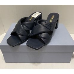 Prada Crisscross Quilted Leather Block Heel Mules Sandals Size 36.5 Navy