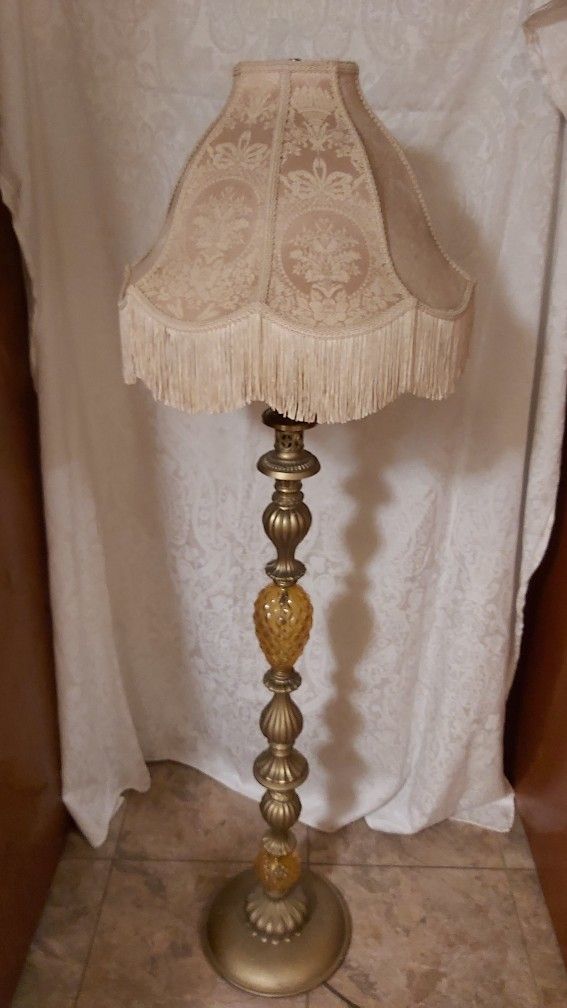 Gorgeous Vintage 3 Way Brass & Glass 5' Floor Lamp With Victorian Style Fringed Shade (Rare)