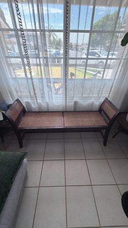Vintage Dark Wood and Cane Bench