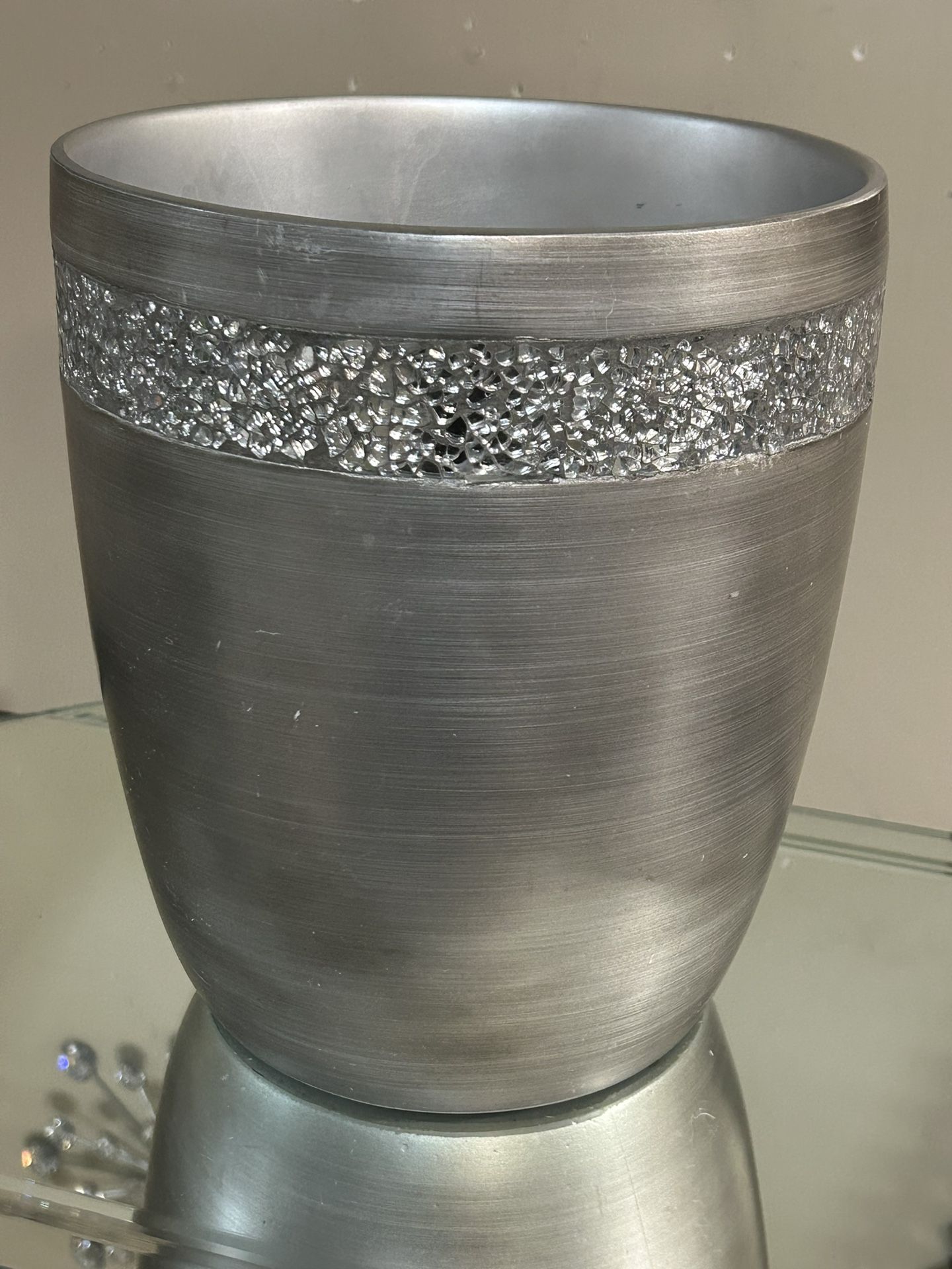 Heavy Silver Crackle Waste Basket 10”
