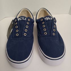 Size 13 Polo Ralph Lauren Men's Keaton Laceless Blue Washed Canvas Casual Sneaker Shoes