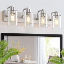Brushed Nickel Bathroom Light Fixtures, Wall Mounted 4-Light Bathroom Lights Over Mirror with Clear Glass Shade,Wall Sconces for Kitchen Living Room 