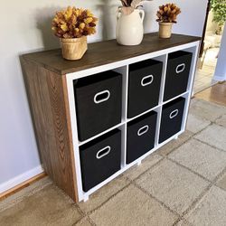 46" Oak-framed Bookshelf w/ Bins