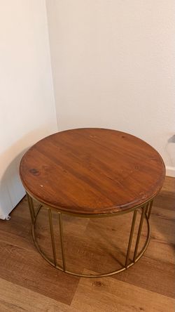 Round Wood & Gold Coffee Table – $50