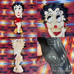1990s 20” Betty Boop in Red Dress Heart Flowers Chalkware Wall Decor