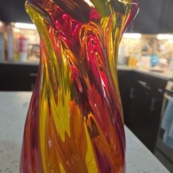 Vtg HTF Teleflora style Hand Blown Swirl Red And Yellow Glass Art Jar Vase Large Heavy