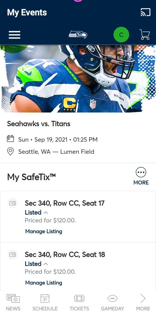 2 Tickets - Seahawks Home Opener Against Titans! $180 