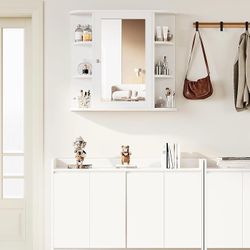 Bathroom Medicine Cabinet with Mirror, Wall Mounted, White  Mirrored Door Over the Toilet Storage, with 4 Internal and 6 Open Shelves, Storage Organiz