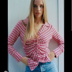 Zara Ruched Plaid Shirt Size Small