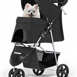 MoNiBloom Foldable Pet Stroller with Weather Cover, 3 Wheels Pet Strolling Cart for Small/Medium Dogs and Cats with Storage Basket and Cup Holder, Bre