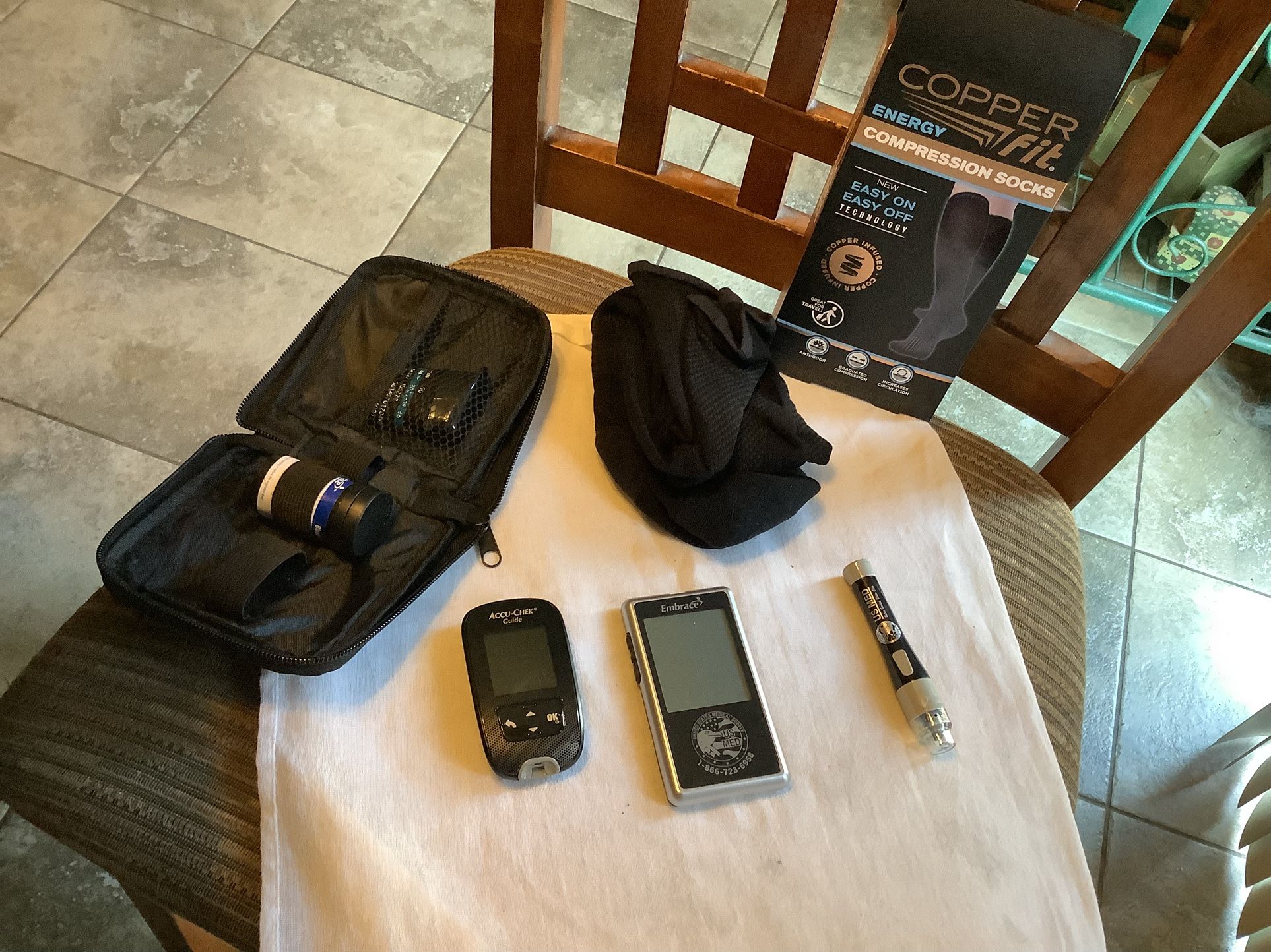 Embrace Diabetic Testing Monitoring Kit Like New, Accu-check Guide, Box Of Alcohol Swaps And New Copper Compression Socks