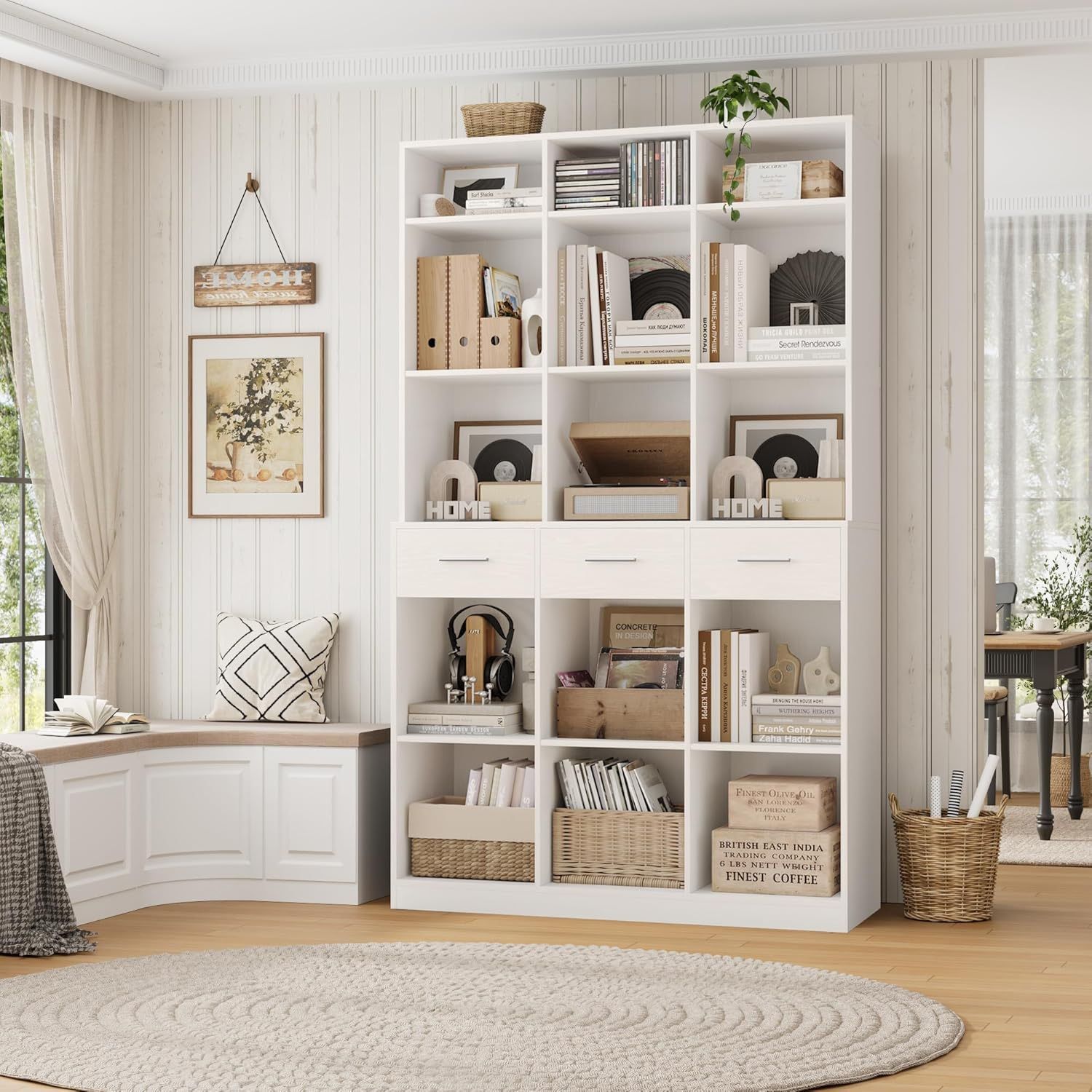  75" Tall Book Shelf and Bookcase, 47" Wide Bookshelf with Drawers, Modern 9 Tier Bookcase with Storage, Large Wood Display Cabinet with Adjustable Sh